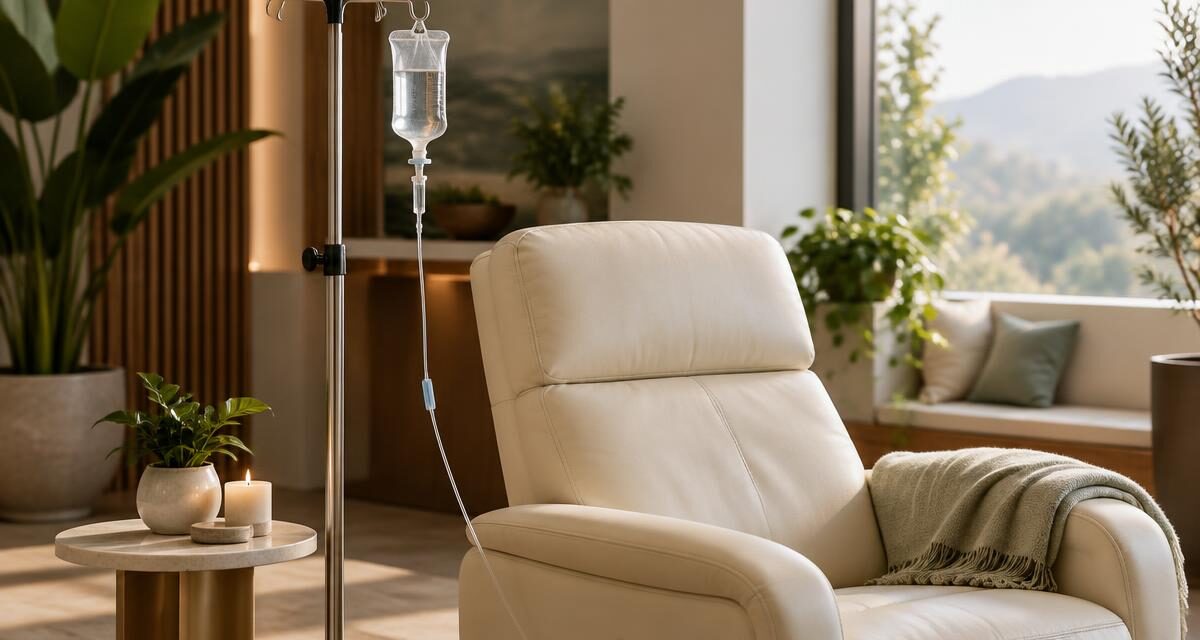 Illustrative image: IV drip beside a cream recliner in a quiet wellness lounge.
