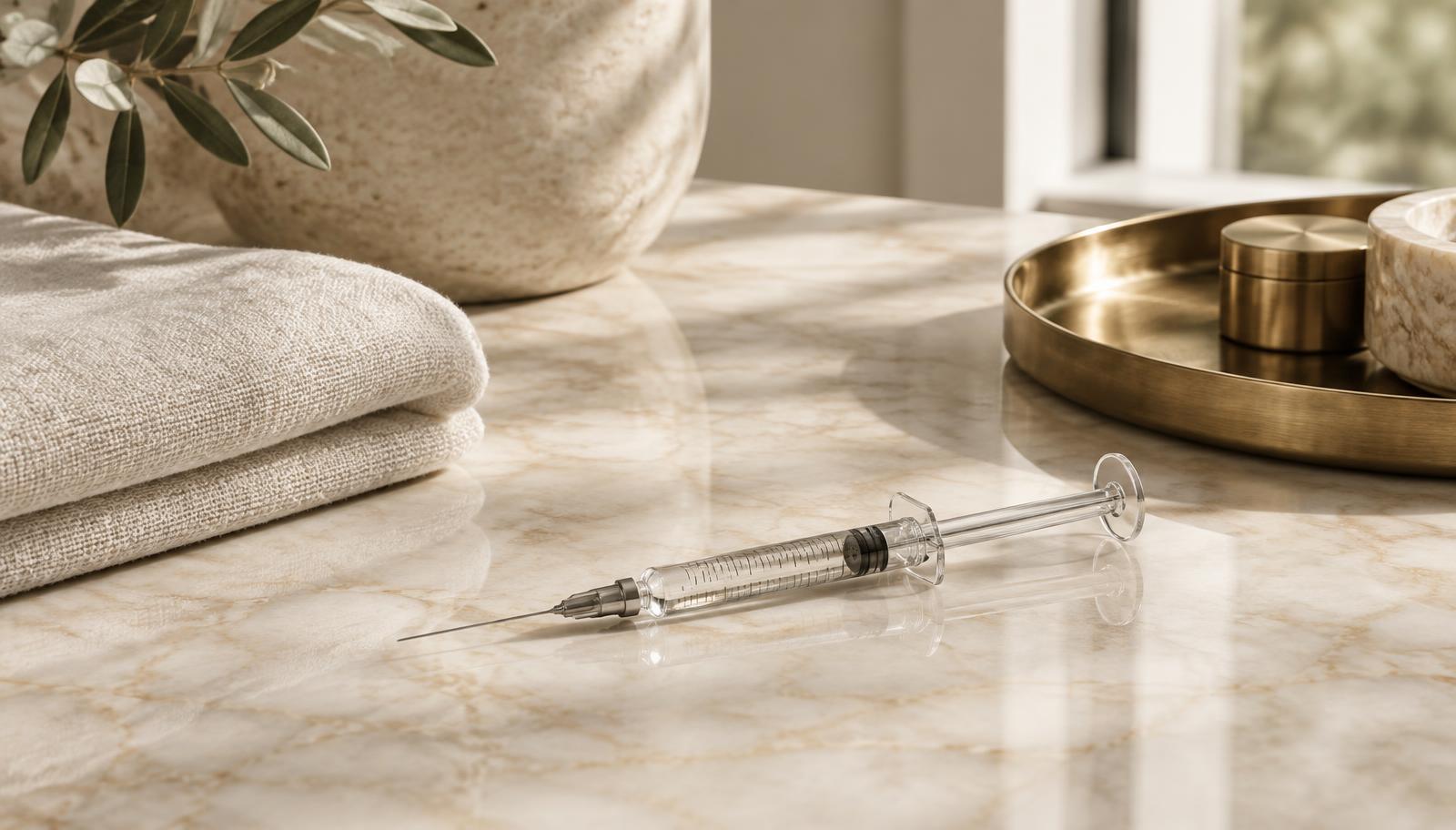 Illustrative image of a filler syringe on marble