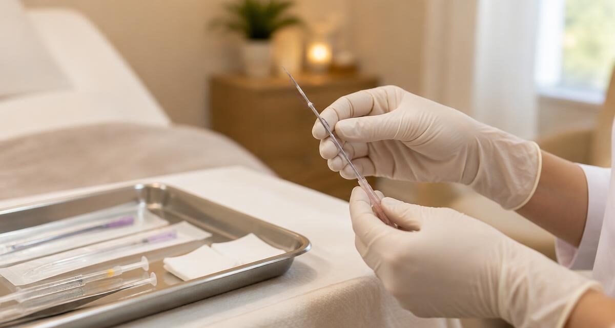 Illustrative image: gloved hands preparing a fine thread cannula beside a sterile tray in a calm treatment room.