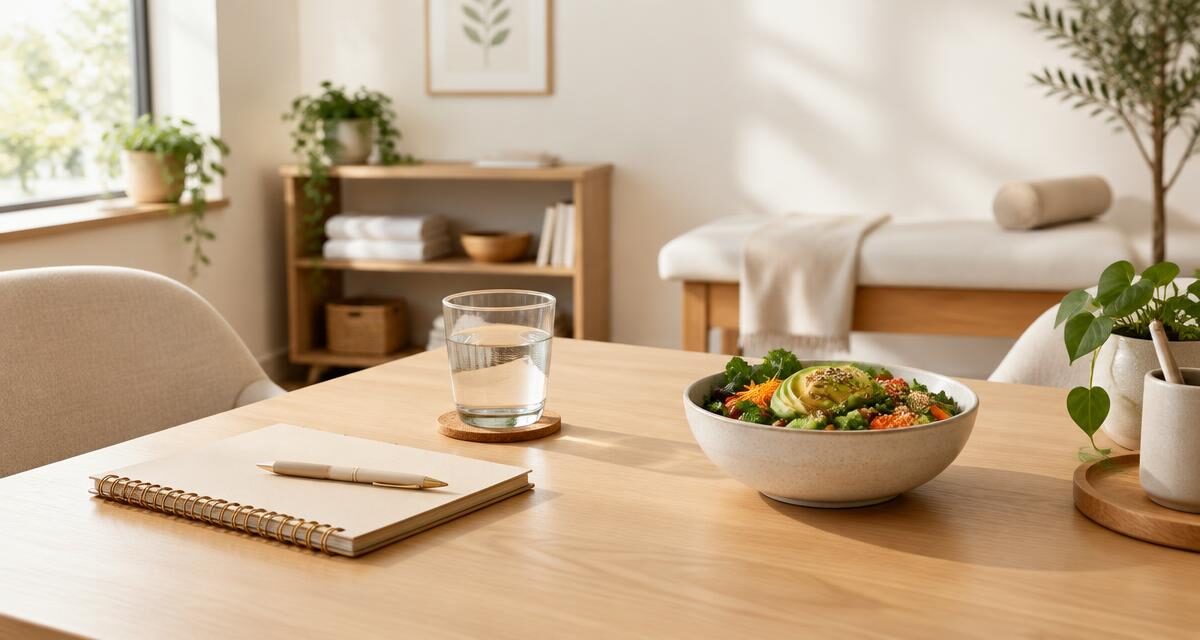 Illustrative image: consultation desk with a notebook, water and a fresh salad in a bright wellness room.