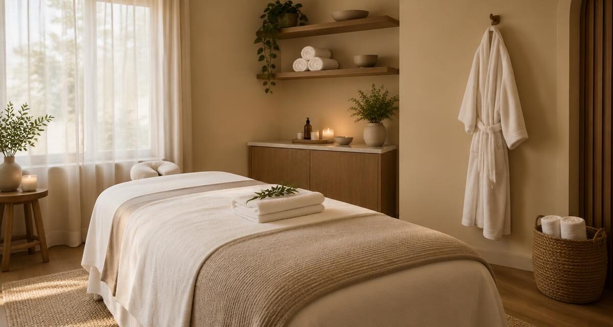 Illustrative image: warm-toned treatment room with a made-up bed, folded towels and a robe.