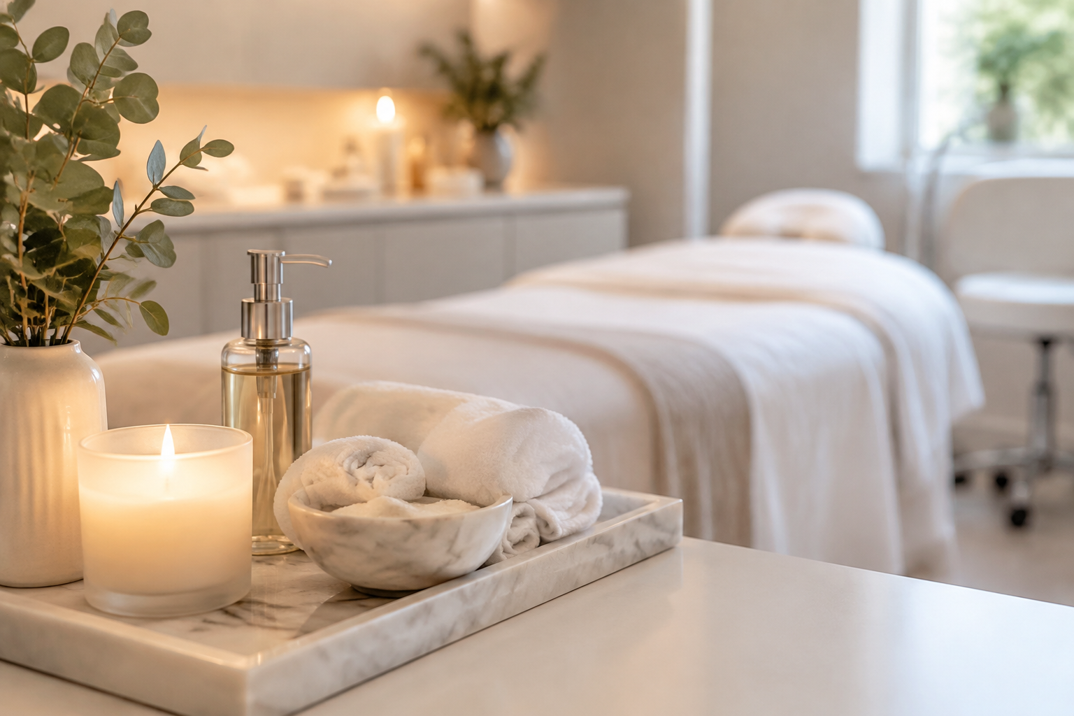 Illustrative image: Esthetician performing a clinical facial with a treatment device at a luxury medical spa