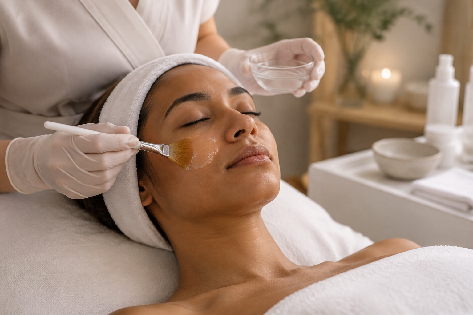 Illustrative image: A patient enjoying a relaxing clinical skin treatment at a luxury medical spa