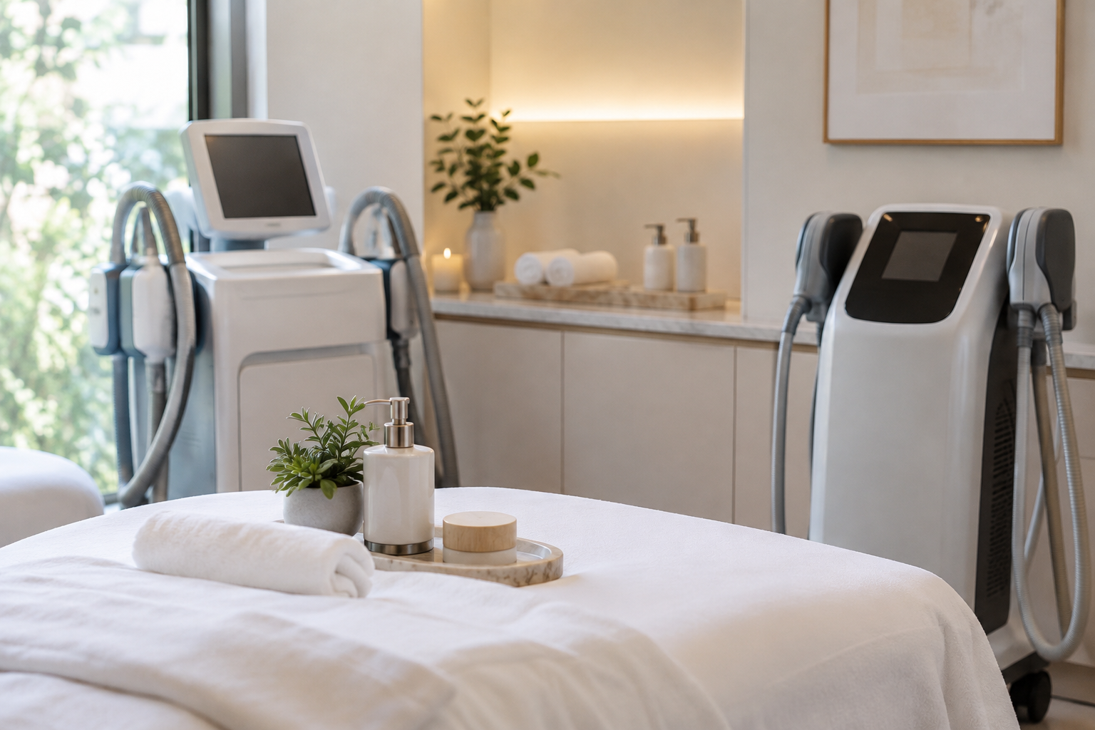 Illustrative image: Comparison illustration of non-invasive body sculpting treatments for fat reduction and muscle toning