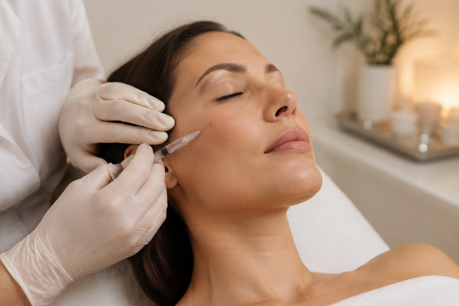 Illustrative image: Detailed close-up of a client receiving a professional facial assessment for midface dermal fillers