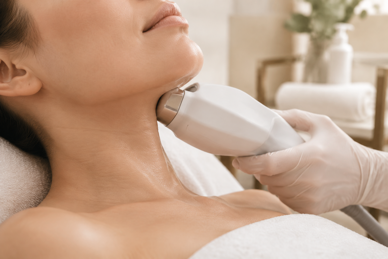 Illustrative image: Close-up of a client receiving a gentle jawline aesthetic evaluation at a luxury med spa