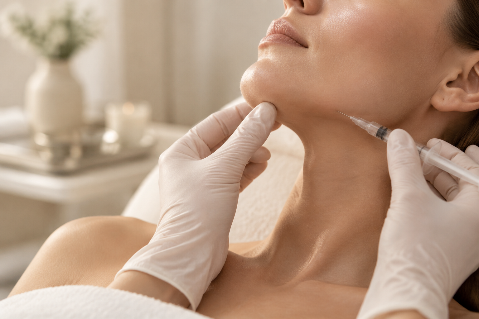 Illustrative image: Close-up portrait of a woman with a sleek, well-defined jawline profile in soft light