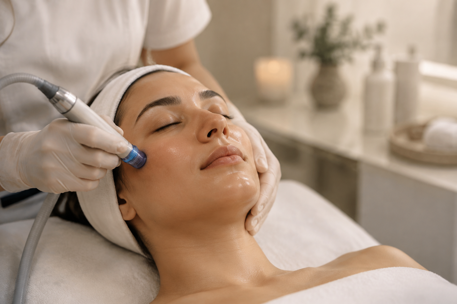 Illustrative image: A provider performing a relaxing HydraFacial treatment on a client