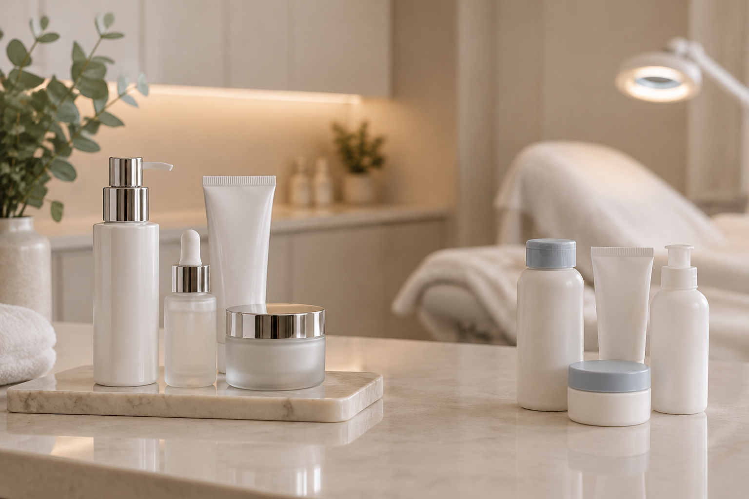 Illustrative image: Clean aesthetic skincare bottles displayed elegantly on a neutral stone surface