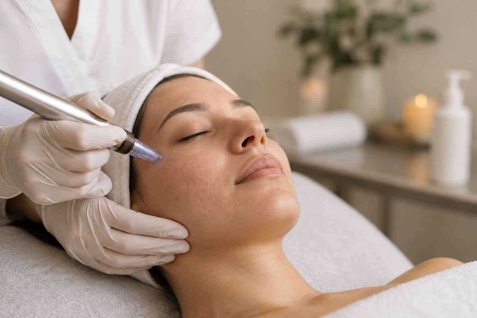 Illustrative image: Provider performing a microneedling skin treatment on a client at a luxury medical spa