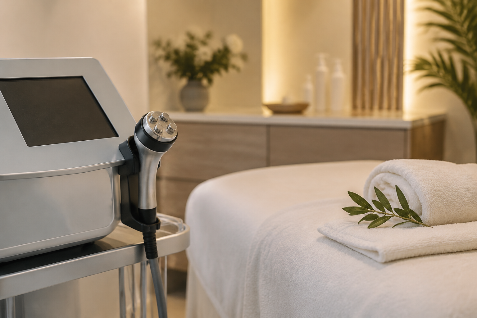 Illustrative image: Aesthetic provider delivering Quantum RF skin tightening treatment in a sleek Brickell, Miami spa setting