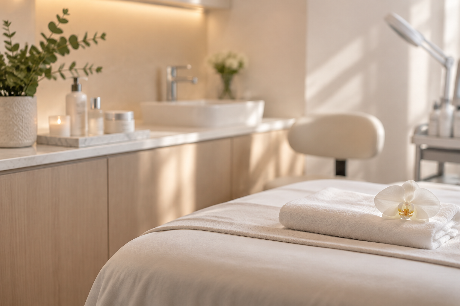Illustrative image: A modern luxury medical spa consultation room with medical-grade skincare products